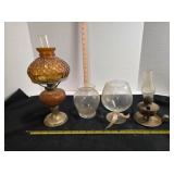 2 oil lamps (13' & 8'), brandy snifter, clear jar