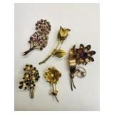 5 Gold tone Vintage Brooches-floral stems