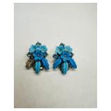 Coro Blue Mold Flower & Rhinestone Earrings