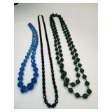 3 Glass Bead Necklaces-Black, Green & Blue Beads