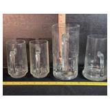 4 Glass Beer Mugs; 7 3/4', 2 - 5 1/2', 6'