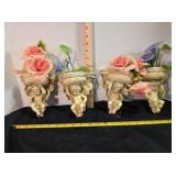 4 plaster cherub wall sconces w/faux flowers