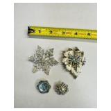 4 Silver tone Rhinestone Brooches- Snowflakes are