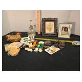 Buttons, pin cushion, 2 picture frames, spritzer