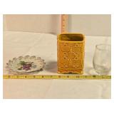 Square ceramic vase, Lefton China hanging, glass