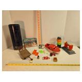 Farm toys, Santa, boat, sewing machine, stamp