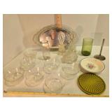 Glassware, Perfume bottles, 7 cups, mirrored tray