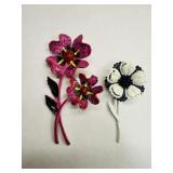2 Flower Enamel Brooches Pins-Pink is marked ART