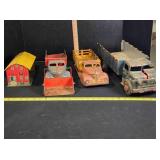 3 Pressed Metal Toy Trucks, Pressed metal Barn