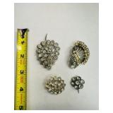 4 Vintage Rhinestone Silver tone Brooches