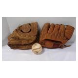 2 Vintage Baseball Gloves and Ball - USED