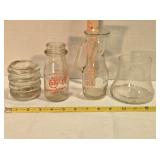 4 clear glass jars; Gold Spot milk jar, 5' tall