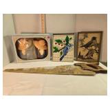 Wall décor: 2 bird prints, hand painted hand saw