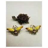 2 Bumble Bee Sweater Pins, Red Rhinestone Turtle