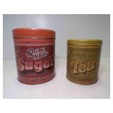 2 Vintage Metal Kitchen Canisters - Sugar - Tea