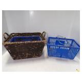 2 Plastic Baskets w/Metal Handles & Brown Woven