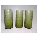 3 Vintage Olive Green Glass Tumblers Textured