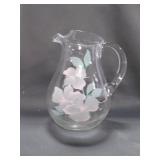 Clear Glass Water or Juice Pitcher Pink Flower