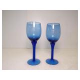 2 Vintage Blue Glass Wine Glasses Twisted Stem