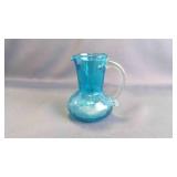 Vintage Mini Teal Crackle Hand-Blown Glass Pitcher