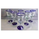 6 Mexican Blue-Rim Hand-Blown Wine Glass Goblets