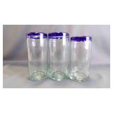 3 Mexican Blue-Rim Hand-Blown Highball Glasses