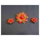 Vintage Orange Enamel Floral Brooch & Matching