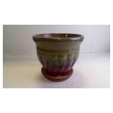 Fluted Ceramic Flower Pot w/Green & Brown Glaze