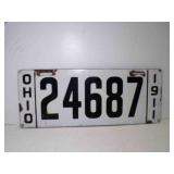 1911 Ohio Porcelain License Plate White w/Black