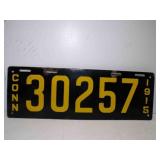 1915 Connecticut Porcelain License Plate Black w/