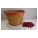 Vintage Wood Bushel Splint Basket w/Faux Cherries