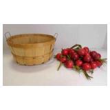 Vintage Wood Splint Bushel Basket w/Faux Radishes