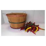 Vintage Wood Bushel Basket Filled w/Faux Peppers
