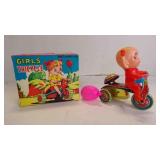 Vintage 1970 Japan Wind-Up Tin Girl on Tricycle