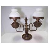 Antique Double-arm Brass Lamp w/White Milk Glass