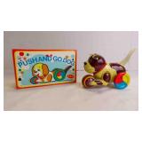Vintage Push The Tail & Go Dog Lithograph Tin Toy