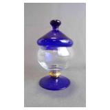 Vintage Optical Blue/Clear Glass Footed Jar w/Lid