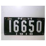 1918 New Hampshire Porcelain License Plate Green