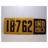 1913 Indiana Porcelain License Plate Yellow with