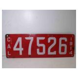 1914 California Porcelain License Plate Red with
