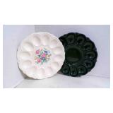 1 Green Glass & 1 Ceramic Holiday Egg Dishes