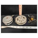 3 fishing reels, fly & spinner