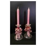 2 Glass Taper Candle Pink Ribbon Decorated Holders