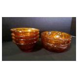 6 Vintage Amber Etched Glass Serving Dish Bowls