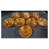 9 8 Vintage Amber Etched Glass Bowls w/ 1 Dish