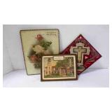 3 Vintage Artwork, Cross Tile & Chapel Thermometer