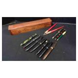 1 Wood Incense Burner Box & 12 Vintage Pens