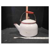 White enameled metal tea pot, 7" tall