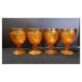 4 Vintage Amber Etched Glass Wine/Punch Goblets