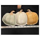 Triple pumpkin ceramic tidbit jar, 11" across